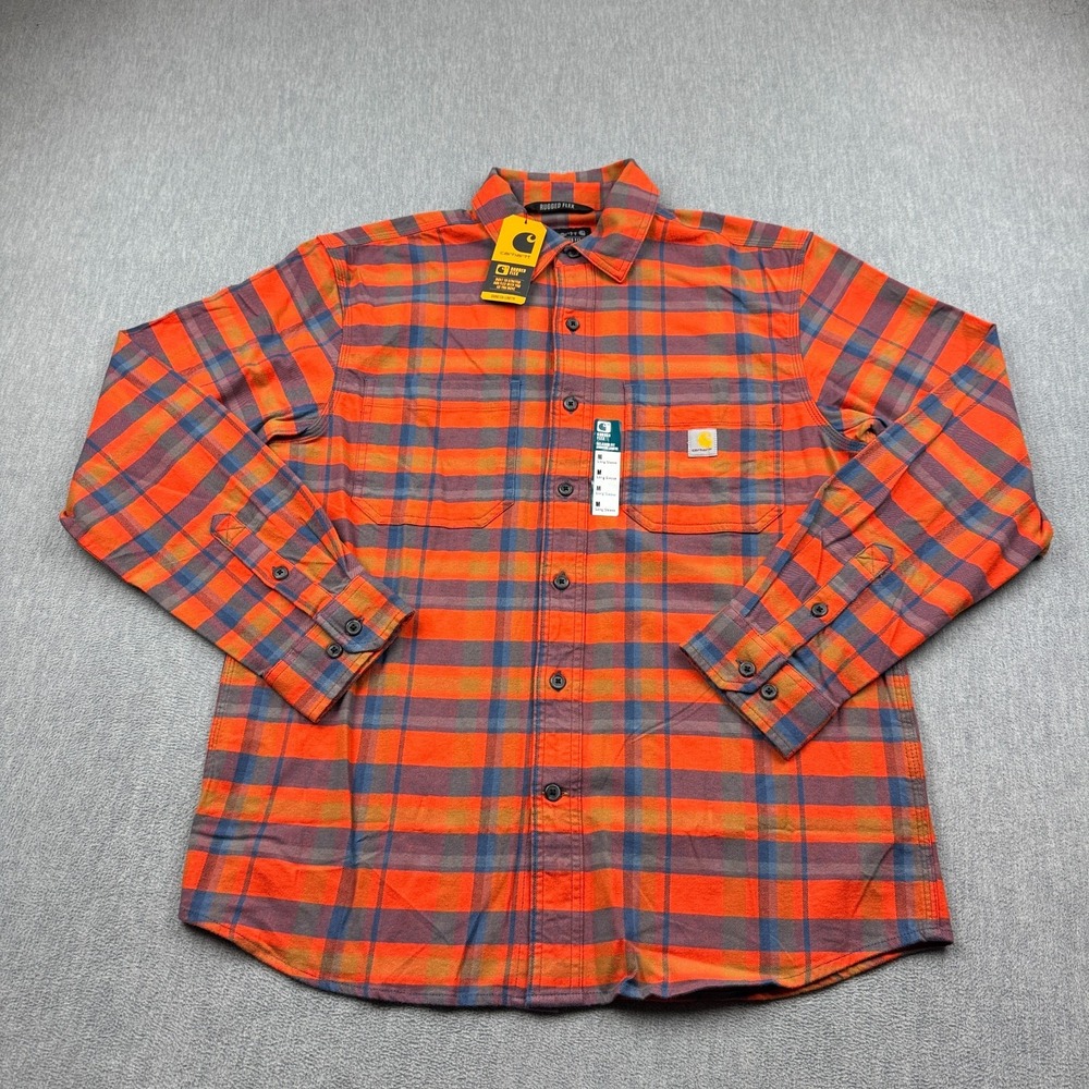 Carhartt Shirt Mens Medium Orange Rugged Flex Relaxed Fit Plaid Long Sleeve NWT